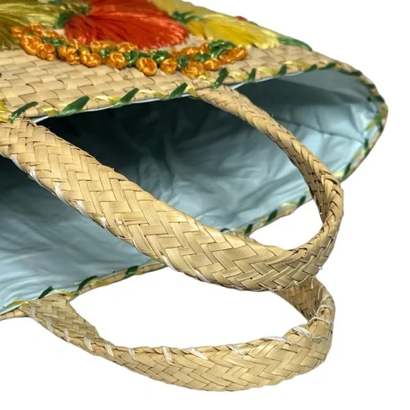 VINTAGE JAMAICA WOVEN STRAW AND FLORAL EMBROIDERED TOURIST TOTE - Picture 11 of 12